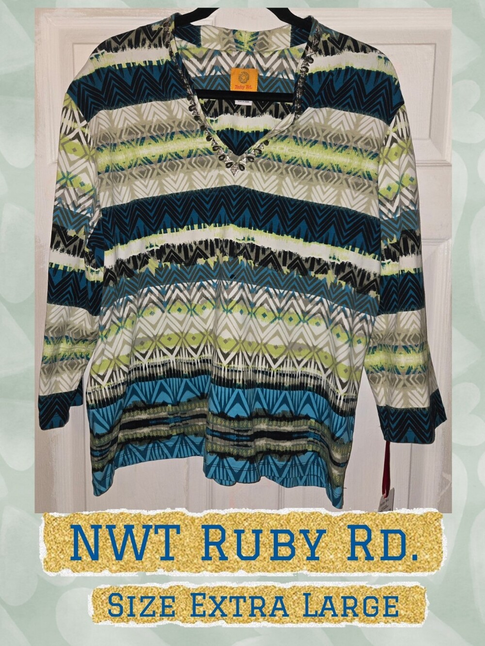 NWT Ruby Rd. Geometric Stripe V-Neck Top Sz XL